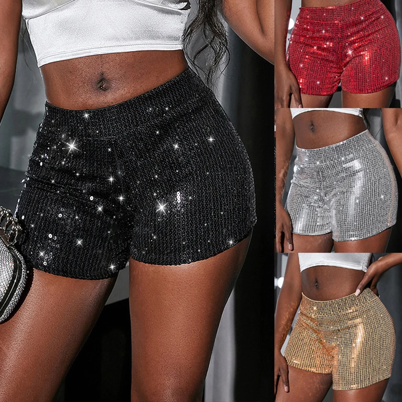 Pantalones Cortos De Mujer Con Lentejuelas Brillantes - Talle Alto, Elásticos, Perfectos Para Fiestas Y Noches De Verano