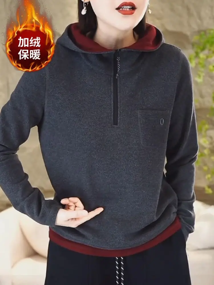 Doppelseitiges Fleece-Fake-Zweiteiler-Kapuzenpullover für Damen im Herbst und Winter. Neues, farbblockierendes Bottoming-Shirt, warmes Oberteil – Detail 3