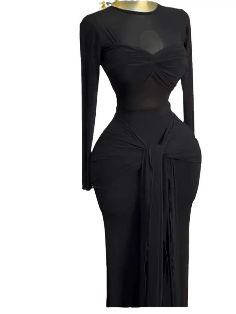 Wmstar Long Dresses Women Sexy Mesh Packwork  Bodycon Elegant Party Evening Dress with Bandage New Wholesale Dropshipping 2025