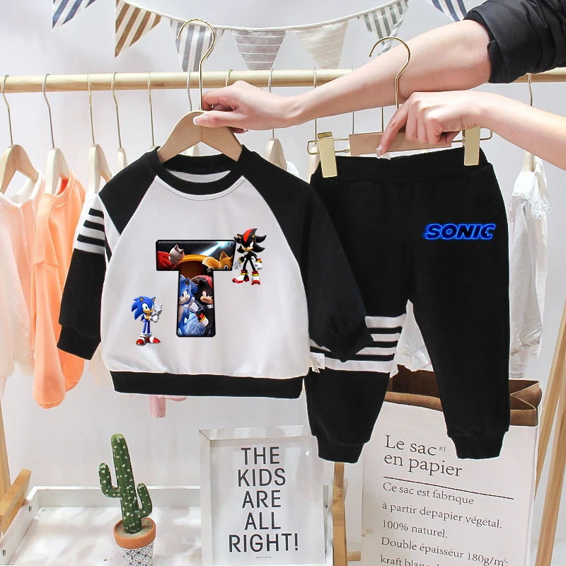 Conjunto de chándal de algodón Sonics Anime Marvels Otoño Suéter Sudadera con capucha Conjunto de ropa para bebé Sudadera para niños Tops Pantalones Traje de 2 piezas