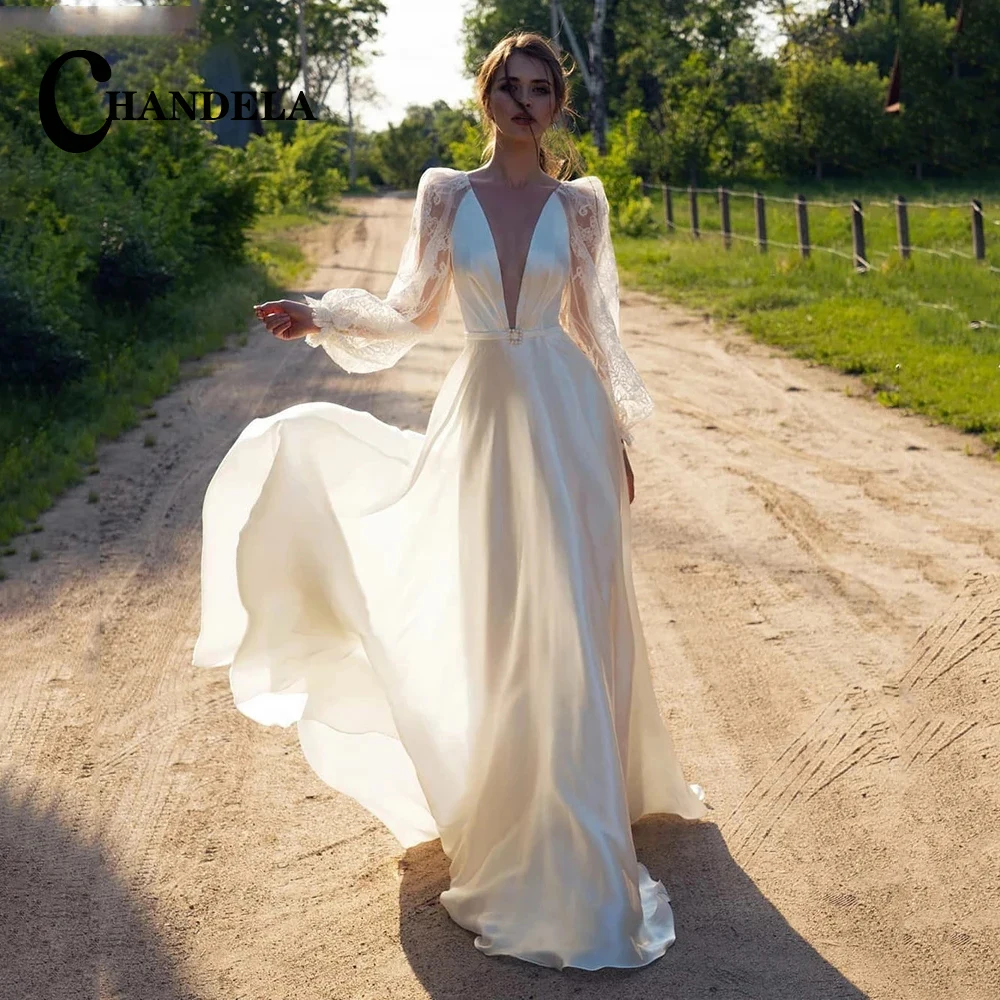 

CHANDELA Charming Deep V-Neck Long Sleeves Wedding Dresses For Bride Satin Appliques Backless Pleat Personalised Robe De Mariée