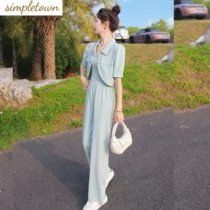 2023 Spring/Summer New Korean Edition Set Women's Thin Coat with Strap One Piece Wide Leg Pants Fashion Style Two Piece Set