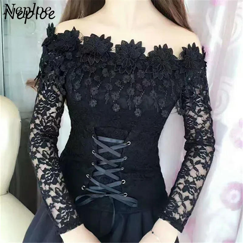 Neploe Lace Hollow Out Blouse Korean Fashion Slash neck Slim Women ...