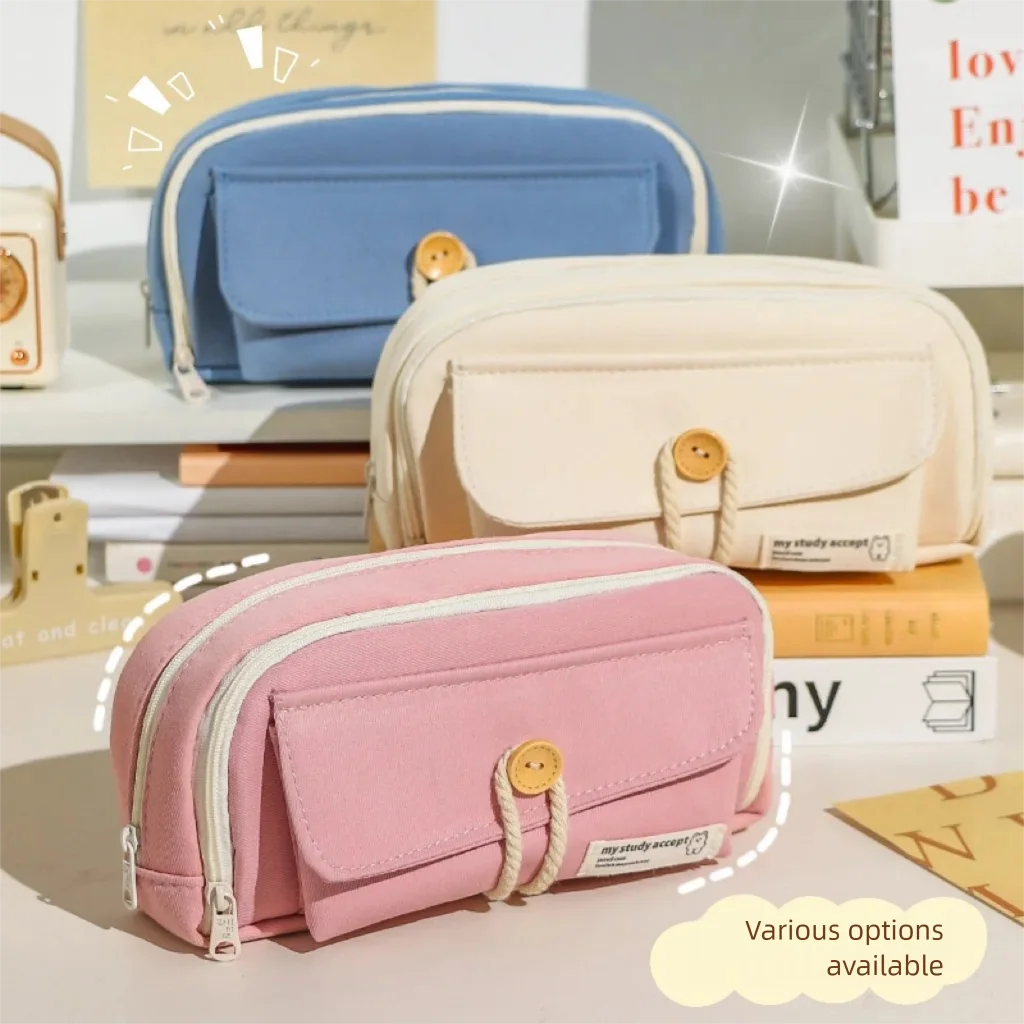 고급스러운 디자인의 버튼 캔버스 필통 다기능 대용량 학생용 수납 펜 가방 여학생 화장품 여행용 핸드백