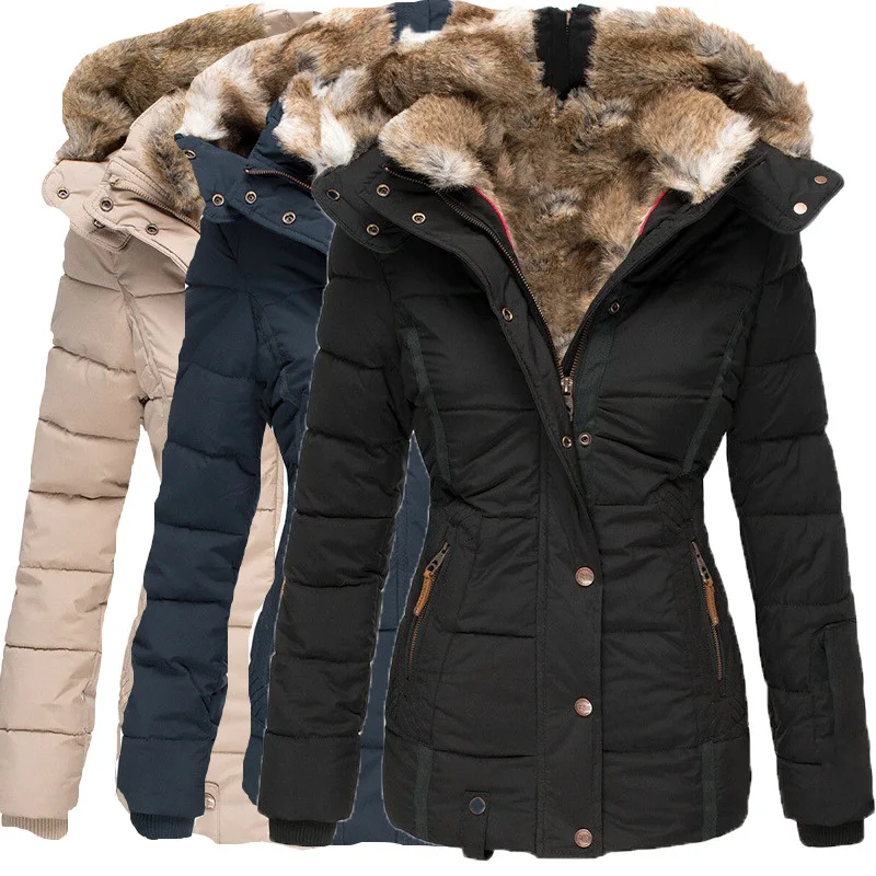 

S-5XL Winter Faux Fur Lining Cotton Puff Overcoat Women Slim Fit Long Sleeves Thicken Warm Zipper Windbreaker With Hooded