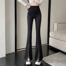 

High Waist Casual Pants Women's Spring Fashion Split Micro Bell-bottoms Wide Leg Pants Black Mopping Suit Pants