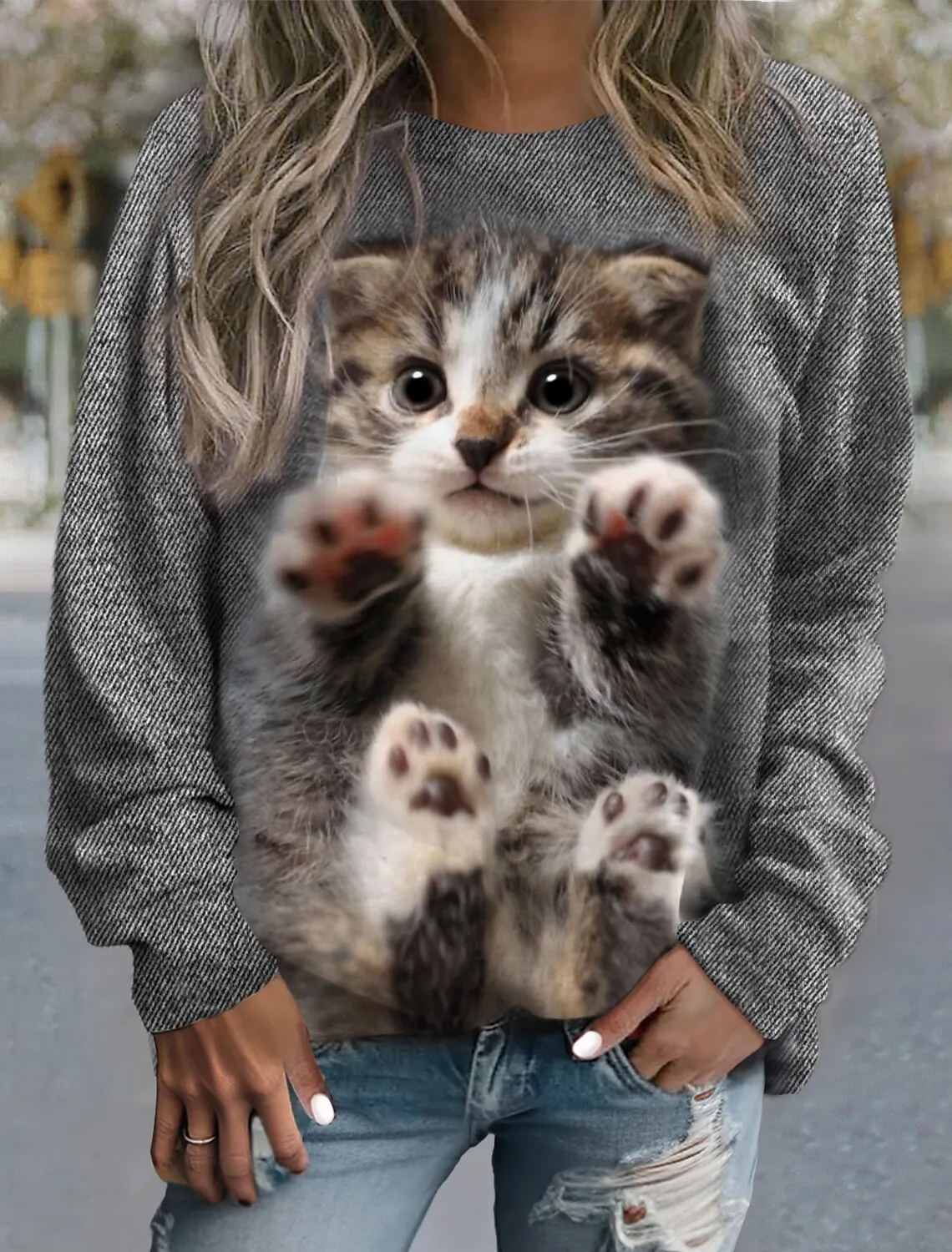 

Fashion Autumn Women's T shirt y2k Sweatshirt Kawaii Cat Graphics Pullover Print Long Sleeve O-Neck Regular Fit Painting Tops