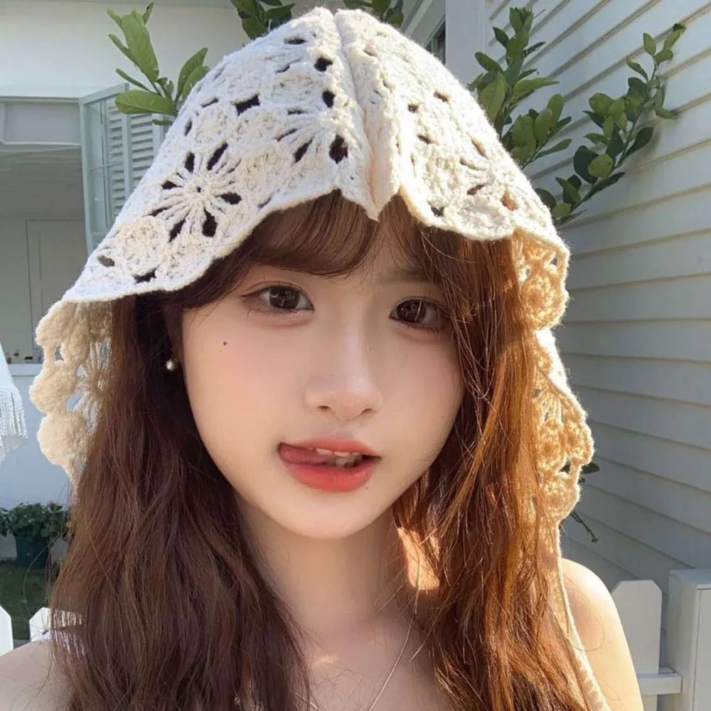 Vintage Handmade Knitted Hats for Women Solid Crochet Caps Crocheted Hat Beanies Caps Thin Hollow Spring Travel Concave Strap 5