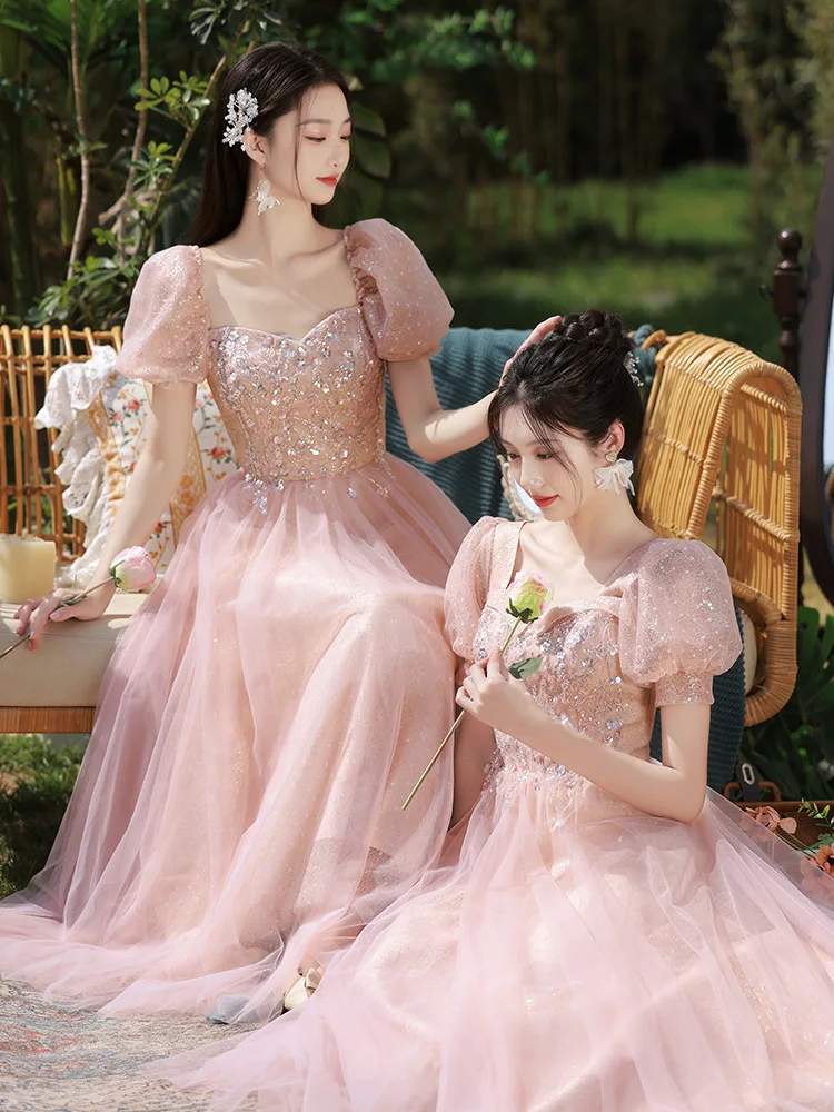 

Pink Bridesmaid Dress 2023 New Sweetheart Collar Tulle A-line Wedding Sisters Group Dresses Women's Graduation Performance Gown