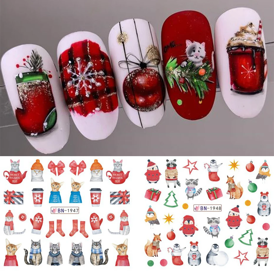 12pcs Cute Penguin Winter Nail Stickers Birds Bear Cat Cartoon Animal Snowflake Sliders Water Decals Decoration Xmas Tips Foils 5