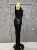 Combinaison moulante sans manches pour femmes, couleur noire, Sexy, col en v, glands brillants, tenue de scène pour fête d'anniversaire, performance 5