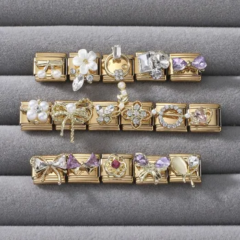 Premium Gold Color Zircon Bowknot Italian Charm Bracelet Stainless Steel Elastic Bracelet Link Bangle DIY Women Men Jewelry Gift 1