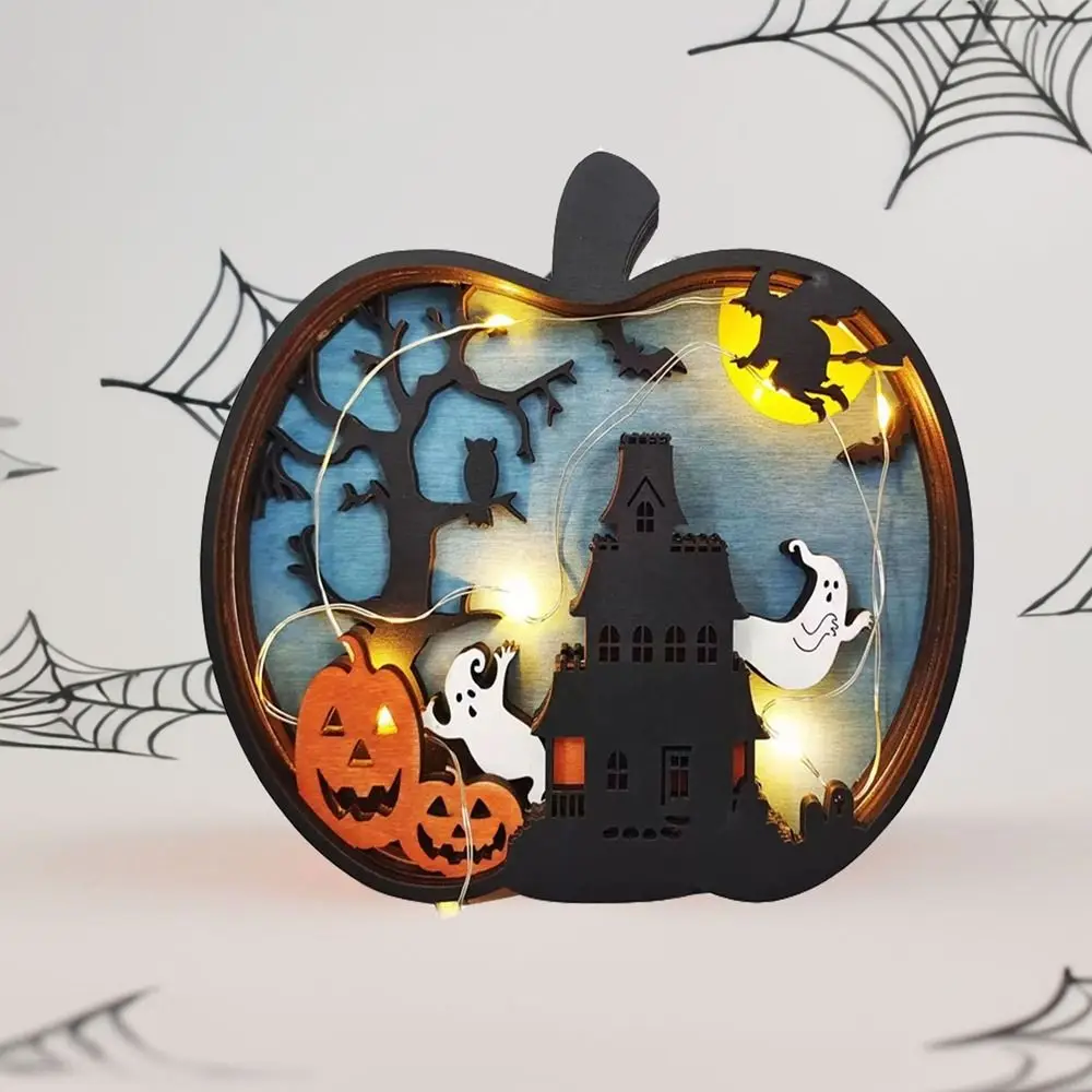 

Multi-Layer 3D Wooden Pumpkin Scene Decor Hand Carved Forest Animal Halloween Pumpkin Ornament With Light Silhouette Room