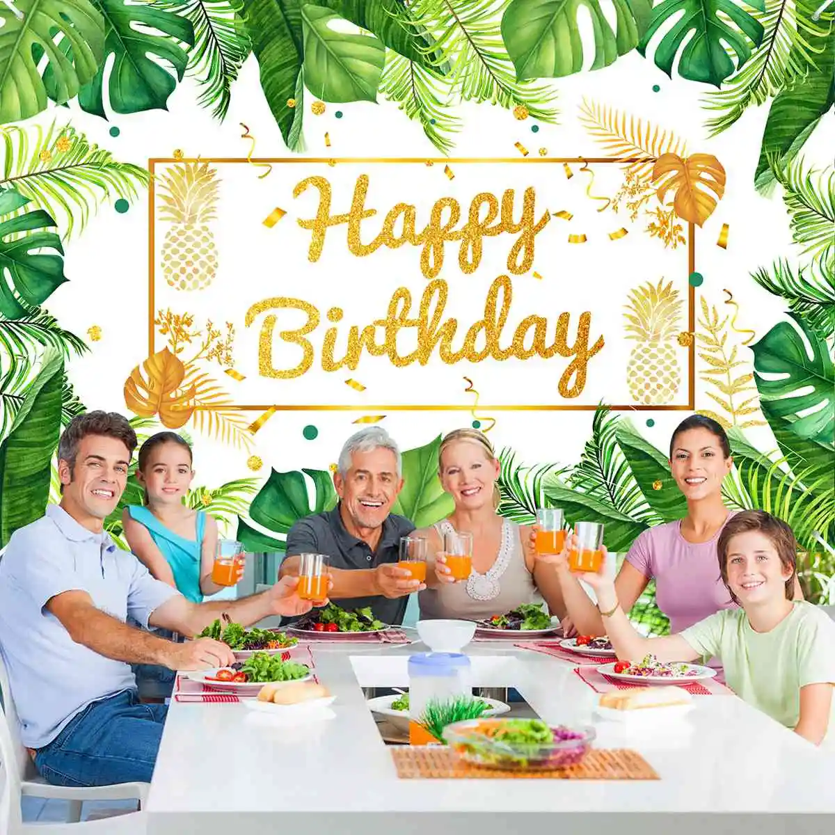 Luau Birthday Party Backdrop Jungle Green Gold Leaves Birthday Decorations Photo Booth Background Party Supplies