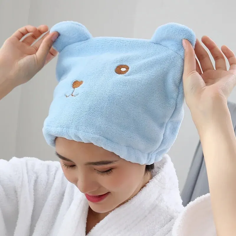 1pc Super Absorbent Hair Drying Bath Towel Cap Cute Cartoon Bear Microfibre Soft Dry Hair Wrap Bathroom Accessories Bonnets