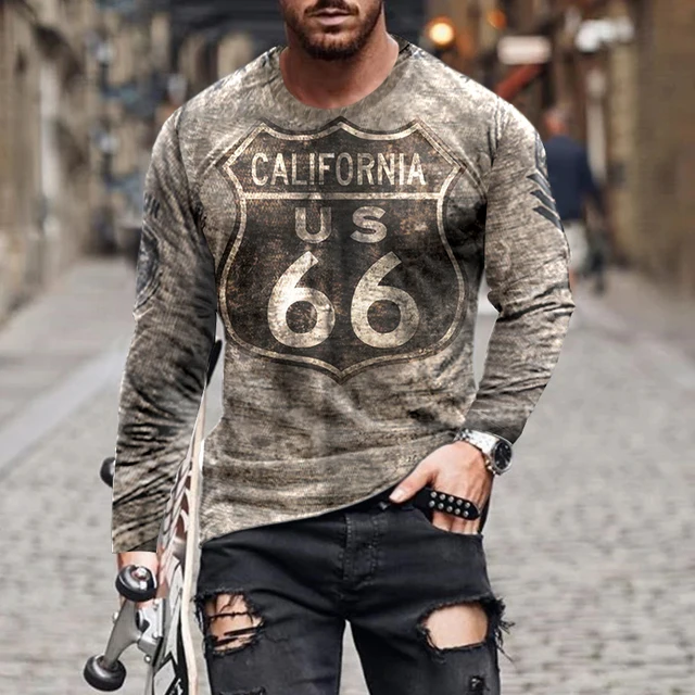 Printed T-shirt Men's Autumn and Winter Loose Clothes Long-sleeved Vintage American Route 66 Letters Fashion O-neck Shirt 5xl 2