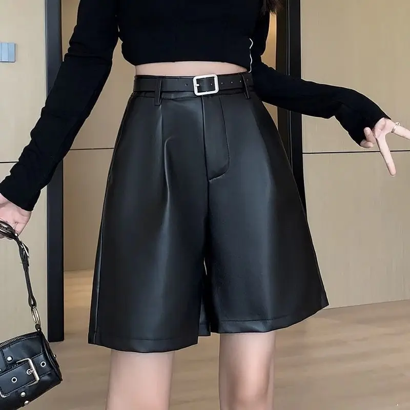 Women's Solid Color 2023 Autumn and Winter Loose High-waisted Zipper Button Leather Shorts Pockets Folds Casual Straight Pants