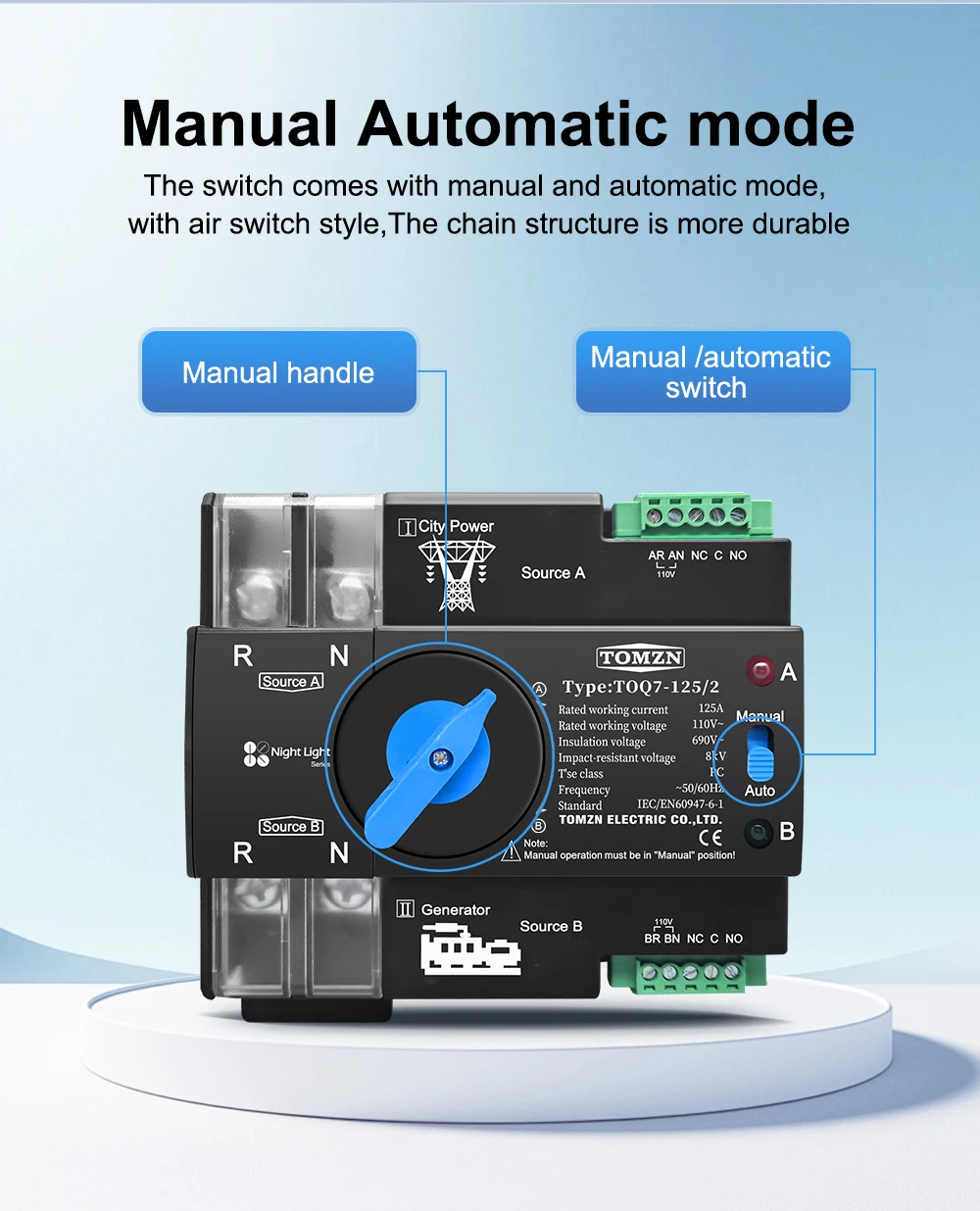 Din Rail ATS 110V 120V Dual Power Automatic Transfer Electrical Selector Switch