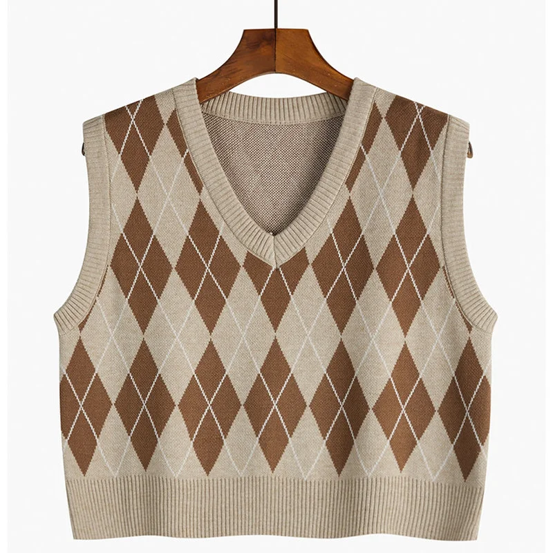 Vintage V-neck Plaid Sweater Vest Women Autumn Winter Vintage Knit Sweaters Pullover Loose Korean Knitwear Tops Pull Femme