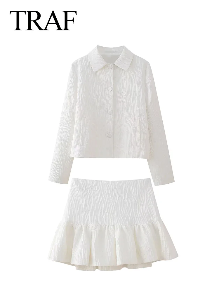 TRAF Woman Fashion Spring Chic Suits White Turn-Down Collar Long Sleeves Pocket Single Breasted Blazer+High Waist Zipper Skirts