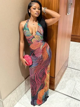 Weird Puss Diamond Print Dress Women Backless Split Colorful Halter Sexy Deep V-Neck Elegant Birthday Party Stretch Vestidos 1