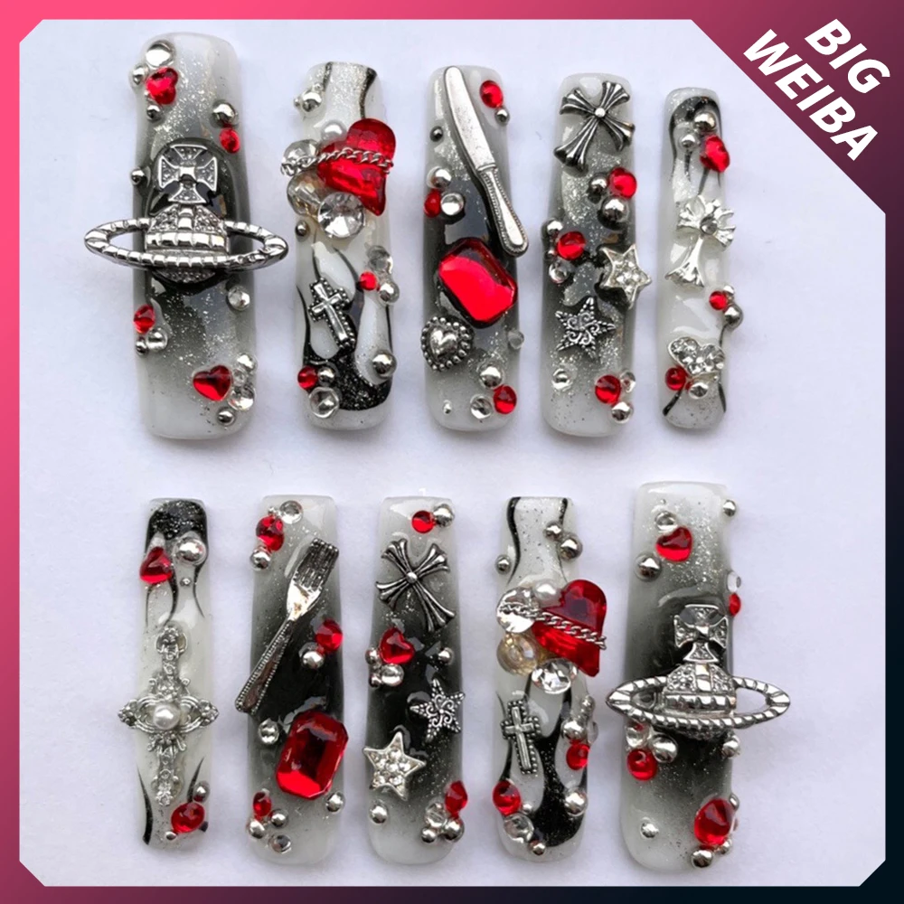 

New Y2K Long Coffin Diamond Nail Slice Fashion Cool Party Long Nails High-End Handwork Customizable Birthday Gift