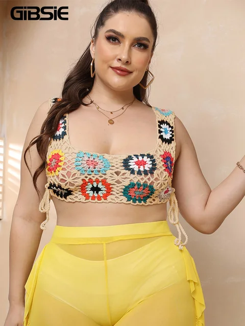 GIBSIE Plus Tie Side Crochet Cover Up 