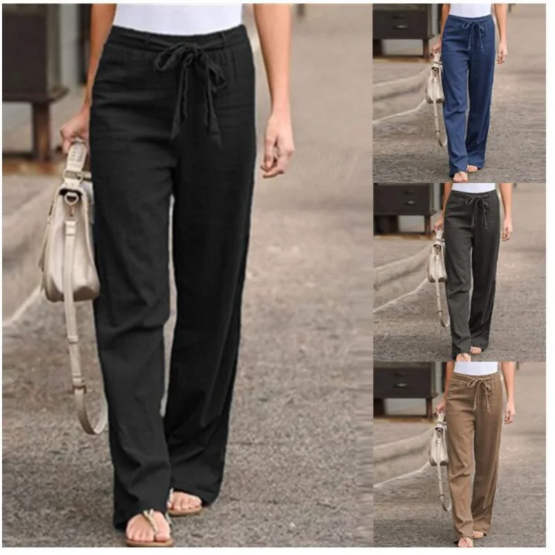 

Wide Leg Pants Women's 2021 New Cotton Hemp Pants Autumn Solid Color Casual Loose Straight Leg Pants High Waist Belt Pants