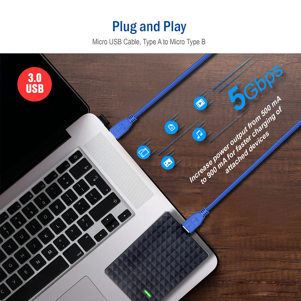 짧은 마이크로 USB 3.0 케이블 휴대용 USB 3.0 - Micro-B 코드 USB 3.0 WD Lacie Hitachi Seagate용 외장형 하드 드라이브 케이블