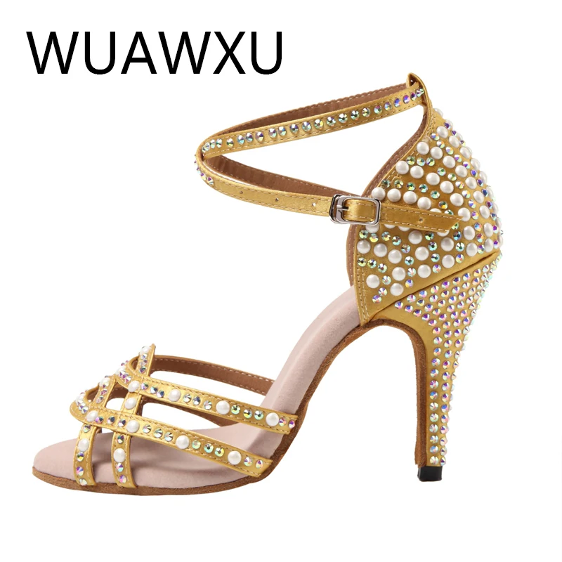Women's party dancing shoes Women's satin shiny rhinestone soft soled Latin dancing shoes Women's salsa dancing shoes Heels 5CM-