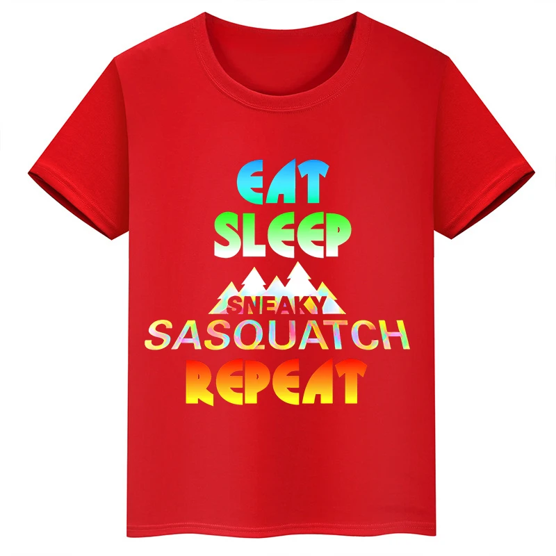 thumbnail image 1 of Camiseta de algodón roja de manga corta de verano para niños y niñas con estampado de cabeza grande de Sasquatch furtivo, 1 of 5
