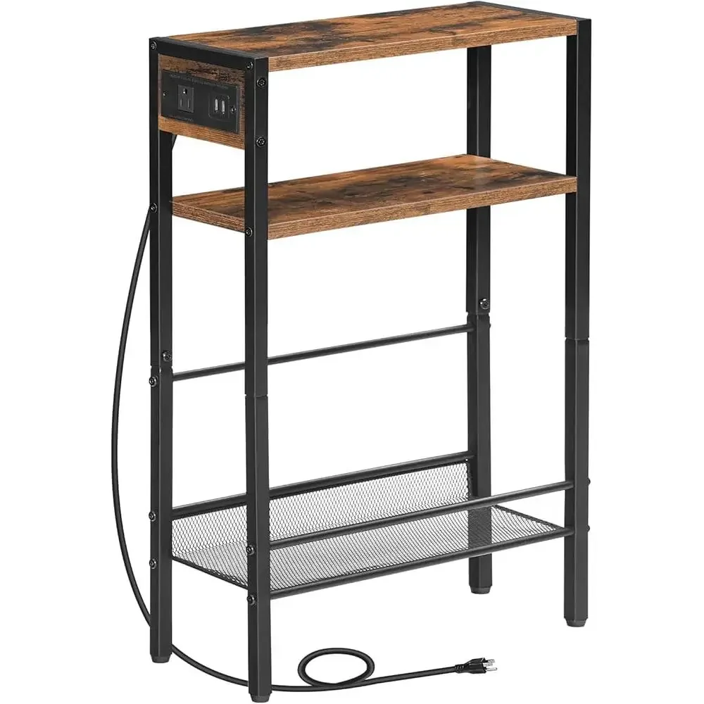 Slim Side Table with Charging Station USB Ports Compact Nightstand Small Spaces End Table with Shelves Sofa Bedroom Office 2