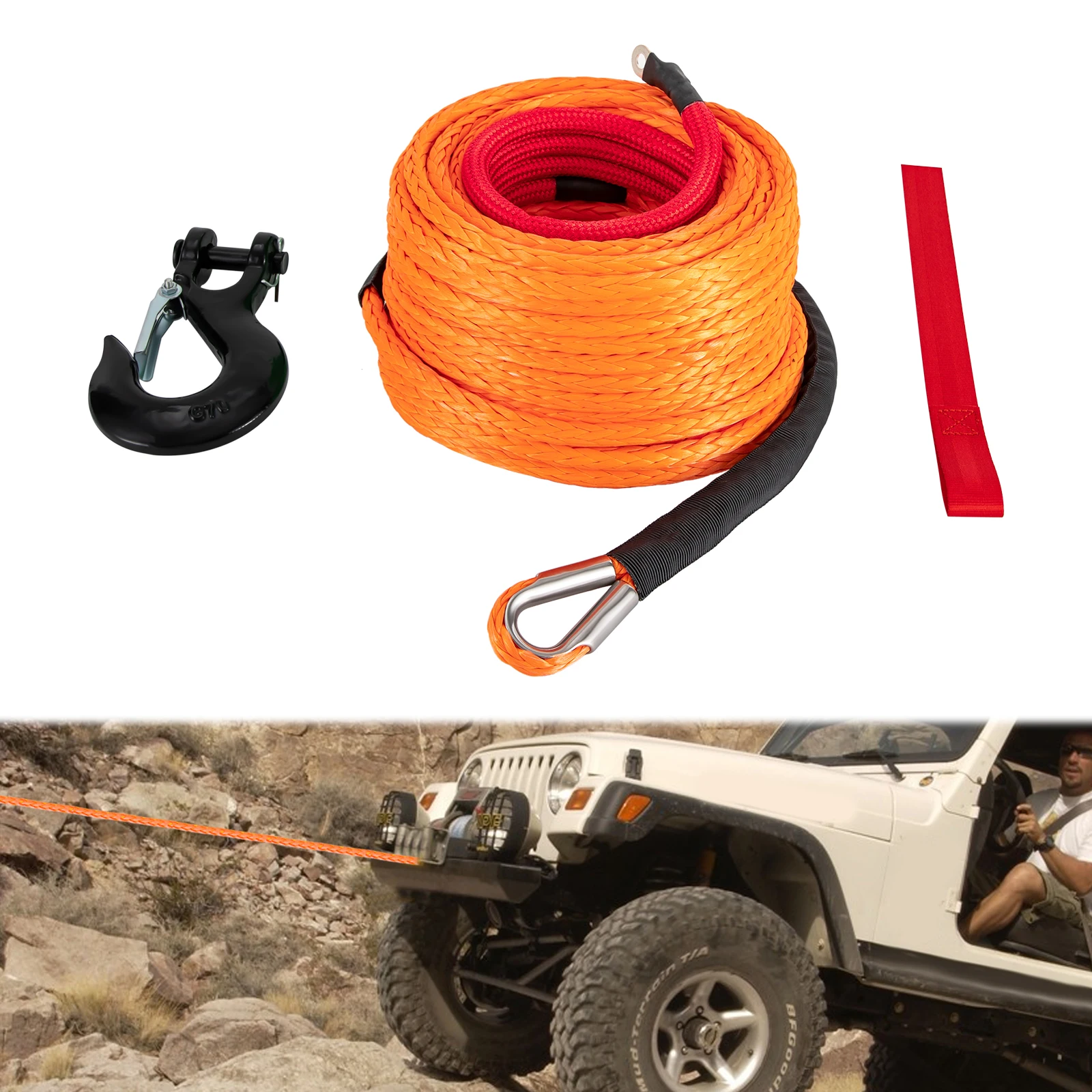 

3/8" x 92ft Winch Rope Synthetic Line Recovery Cable Orange w/ Hook 4WD ATV SUV Heavy Duty