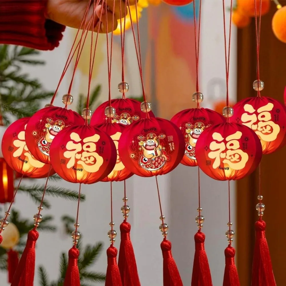 Horse Year Chinese Hanging Lanterns Glowing Handmade 2026 New Year Lanterns with Tassel Cloth Portable Lanterns