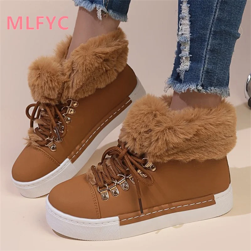 Winter short tube snow boots for female large plush thick soled cotton boots for women casual and warm round toe flat boots
