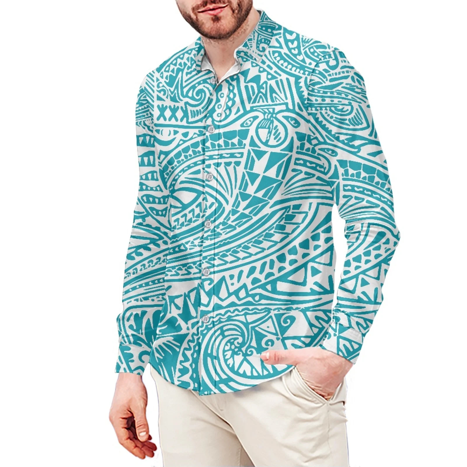 

Рубашка мужская с воротником-стойкой, приталенная с длинными рукавами, с принтом тату тотема, в полинезийском стиле, 6XL