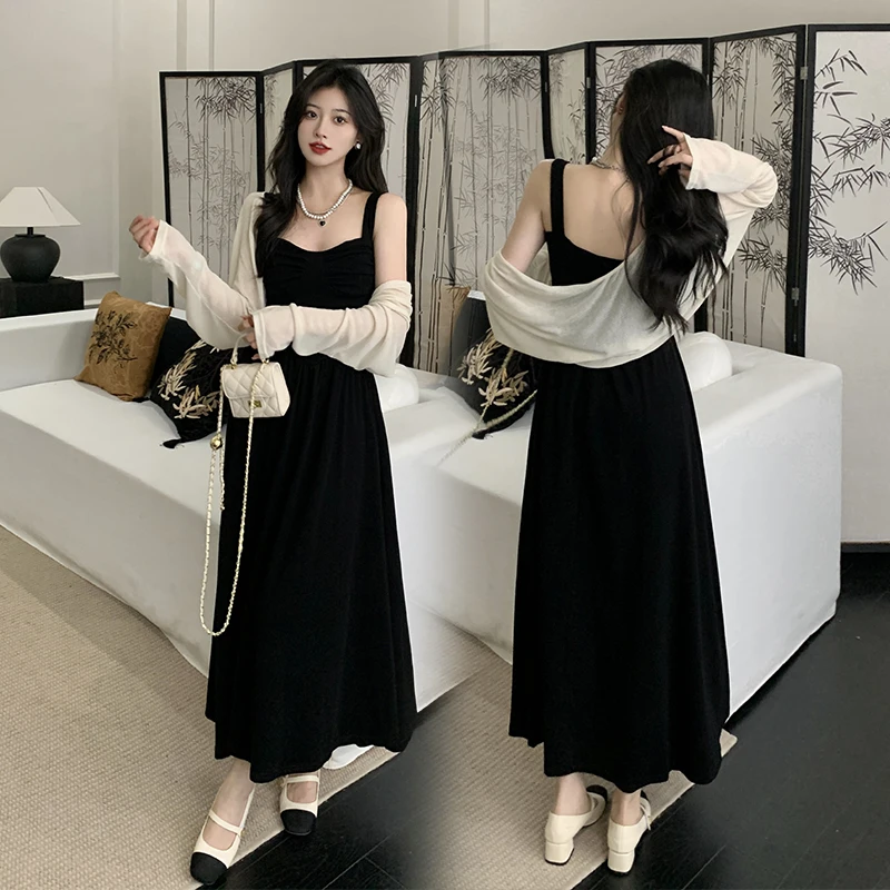 

Korean Style Maternity Black Strap Dress Loose Casual Pregnant Woman Cotton Dress High Waist Fit and Flare Pregnancy Party Dress