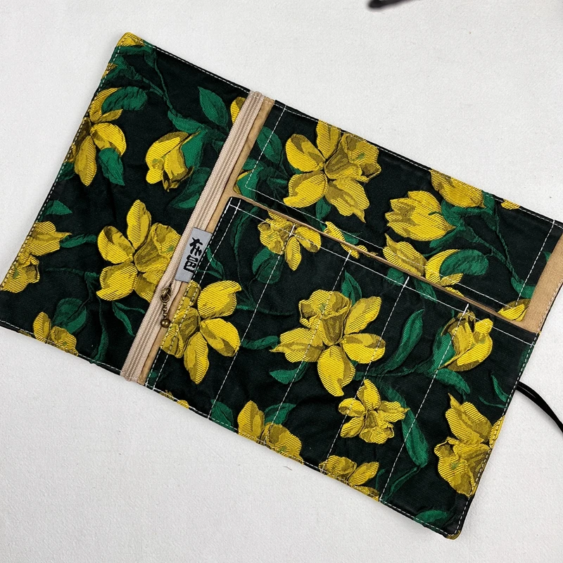 레트로 유화 그레이 꽃무늬 천 펜 커튼 대용량 펜 가방 문구 보관 가방 펜 가방 휴대용 롤링 커튼