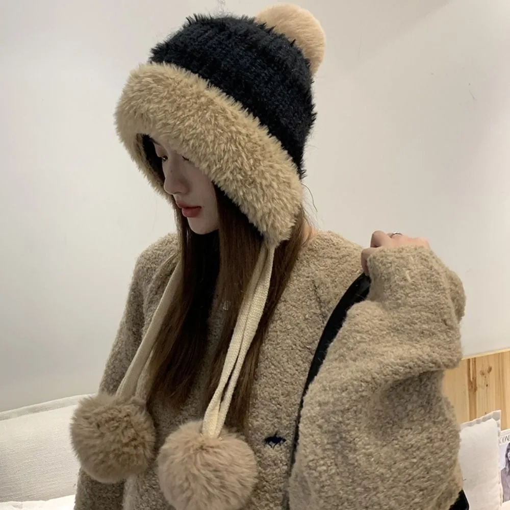 

Winter Hairball Woolen Hat Wool Soft Warm Knitted Ear Protection Hat Fluffy Windproof Plush Bucket Hat Women
