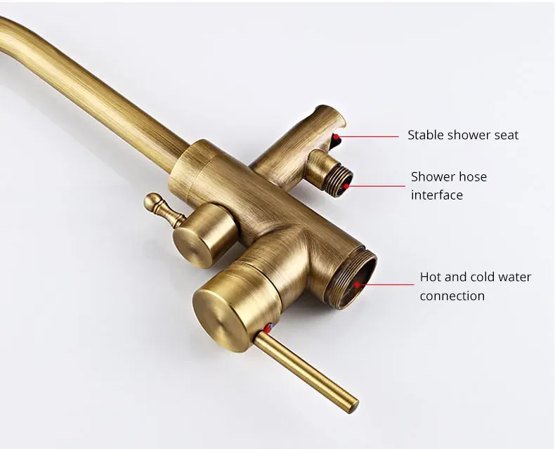 Description Picture 5 of itemAntique Brass Bathtub Faucet Floor Mounted Swive Spout Tub Mixer Tap with Handshower Handheld Bath Shower Water Set