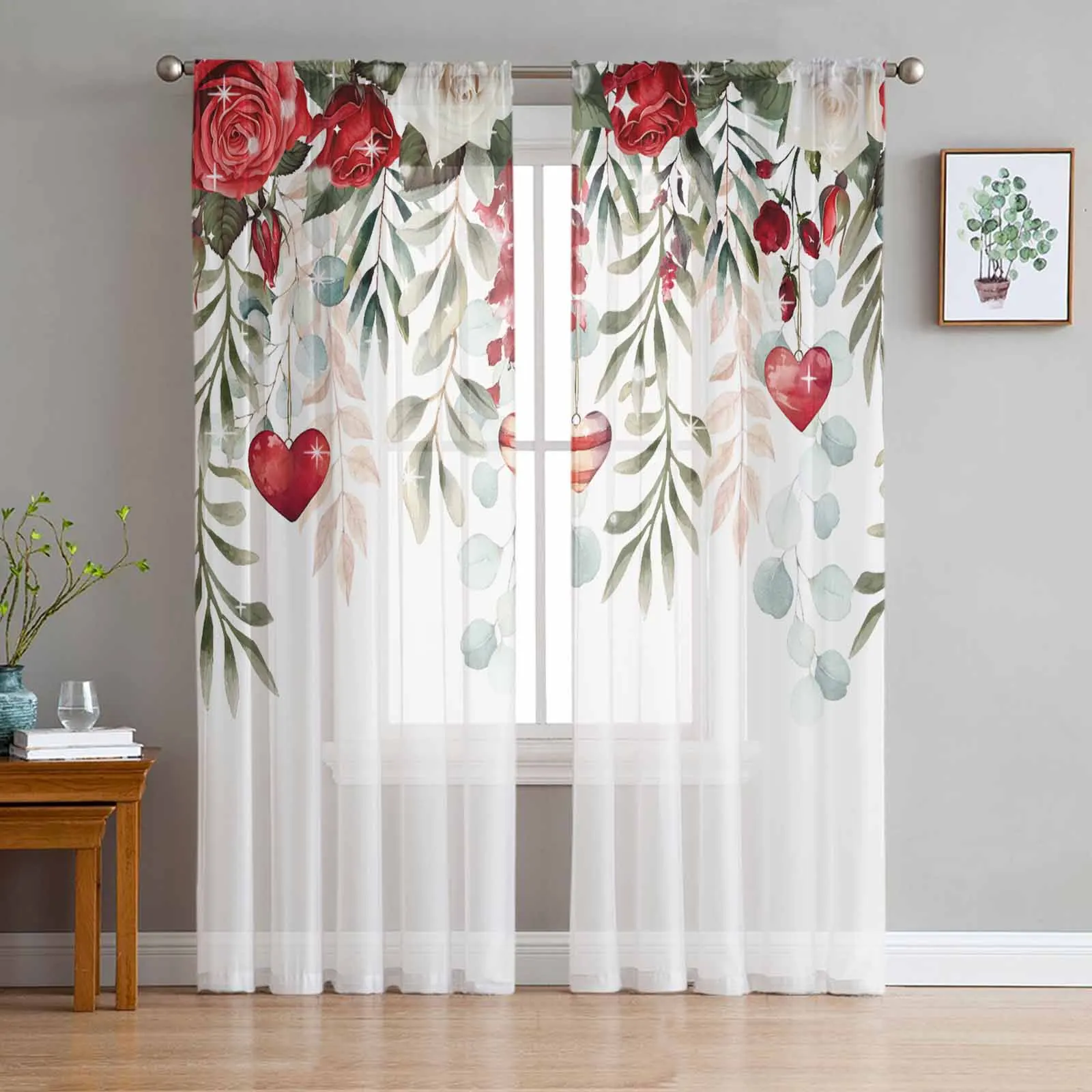 

Valentine Roses Flower Hearts Tulle Curtains for Living Room Sheer Curtain for Bedroom Kitchen Blinds Voile Curtains