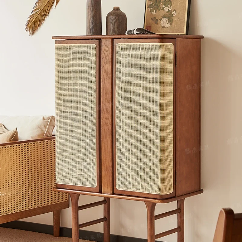

Vintage dining cabinet, solid wood wall cabinet, medieval black raw wood rattan storage, tea, liquor, bucket cabinet,