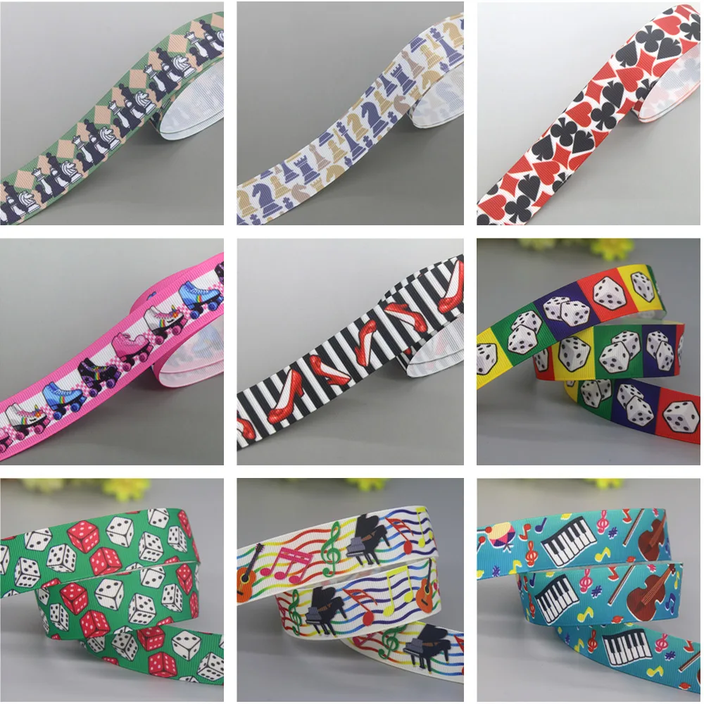 Chess Dice Skates Masters Piano Printed Grosgrain Ribbon Accessories Decoration Collar DIY Sewing Craft 50yards DHK S2610