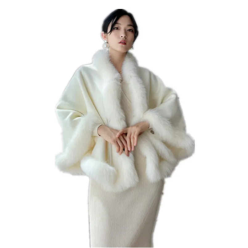 

New Real Fox Fur Trimmed Wraps 100% Genuine Wool Cape Winter Warm Shawls Stole Shrug Winter Bridal Wedding Cover Up with Tassel