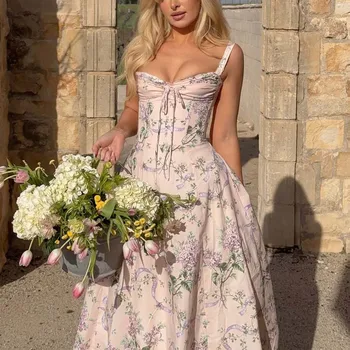 YENKYE 2025 Women Floral Print Fishbone Waist Spaghetti Straps Dress Summer Female  Elegant Midi Long Party Dresses Holiday Robe 1