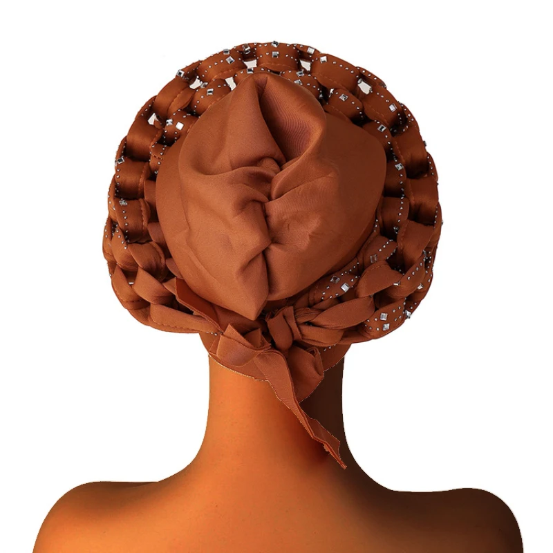 Exaggerated Braids Turban Cap African Sequin Head Wrap Diamonds Nigeria Auto Gele Headtie Wedding Party Headwear Muslim Hijab 5