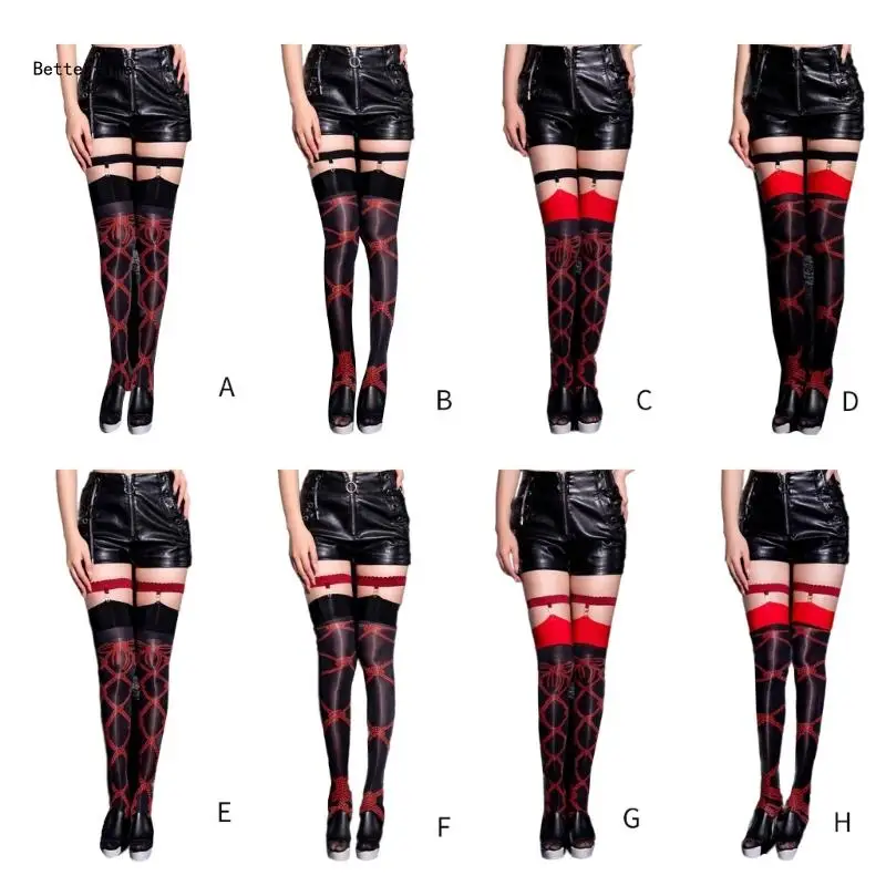 

B36D Womens Sexy Lingerie Set Elastic Garter Belt Leg Harness Suspender with Bandages Printed Thigh High Long Sock Stockings