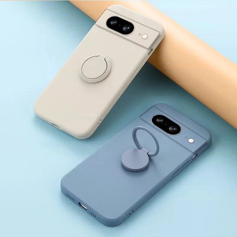 Silicone Back Cover with Finger Ring Stand and Camera Lens Protection – Solid Color Soft Phone Case