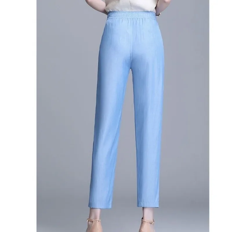 Spring Autumn Women's Clothing Solid Color Elastic High Waist Pockets Casual Office Lady Flattering Trousers Pencil Pants