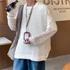Men Autumn High-end Design Trendy Tops in Knitwear Round Neck Loose Fishnet Solid Long-sleeved Hollow Sweatshirt Fashionable 1